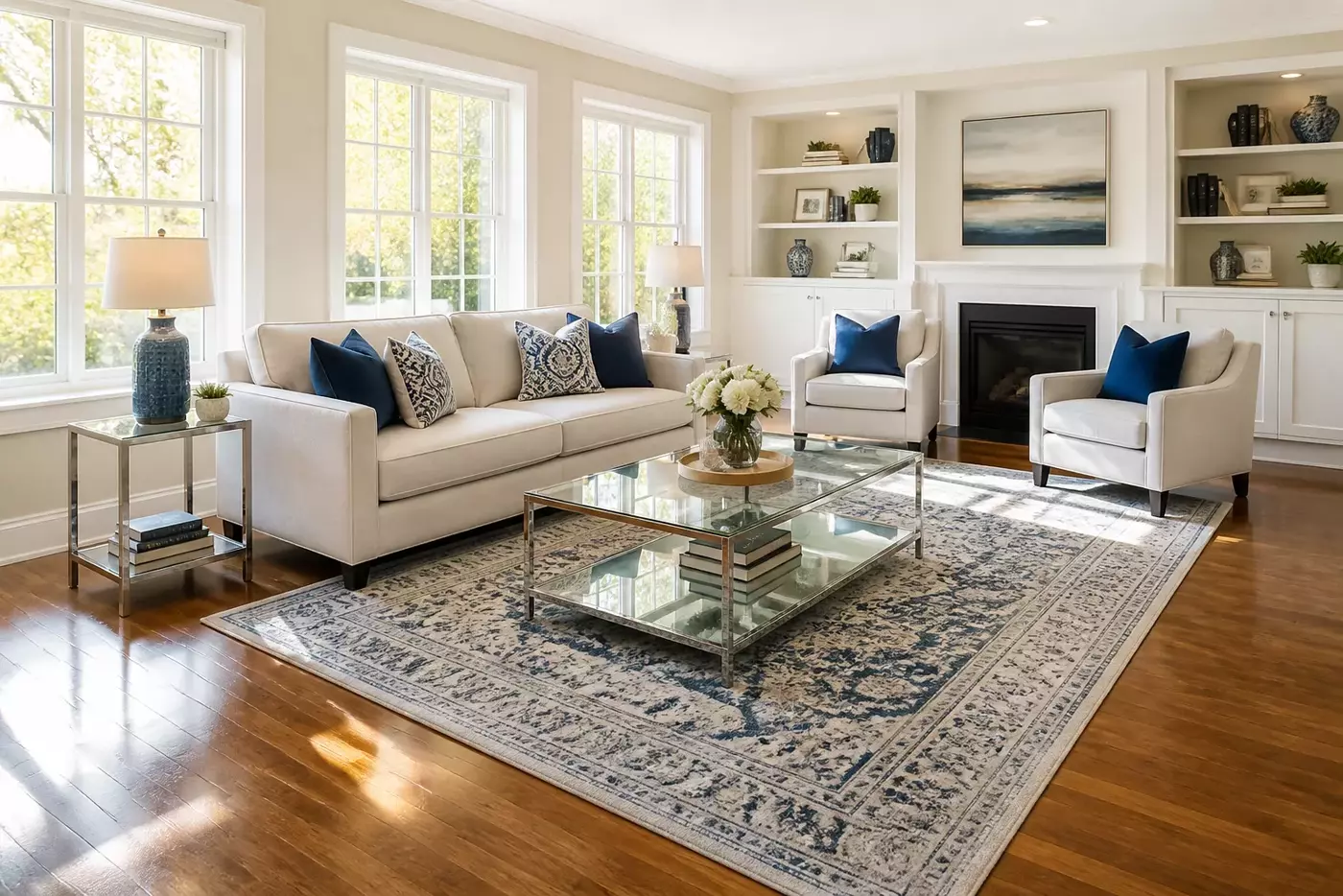 Bright and spotless living room after a professional house cleaning in Chicago